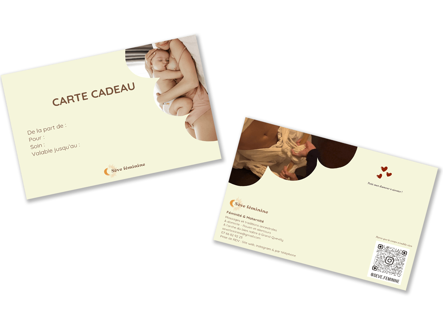 Recto et verso de la carte cadeau Sève Féminine